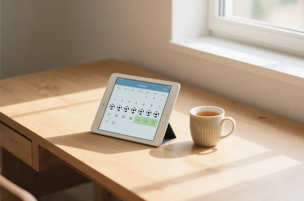 A minimalist wooden desk in the morning, soft sunlight filtering through a window, a tablet showing a generic schedule calendar with football icons, a ceramic cup of warm tea next to it, clean and peaceful atmosphere, professional editorial style